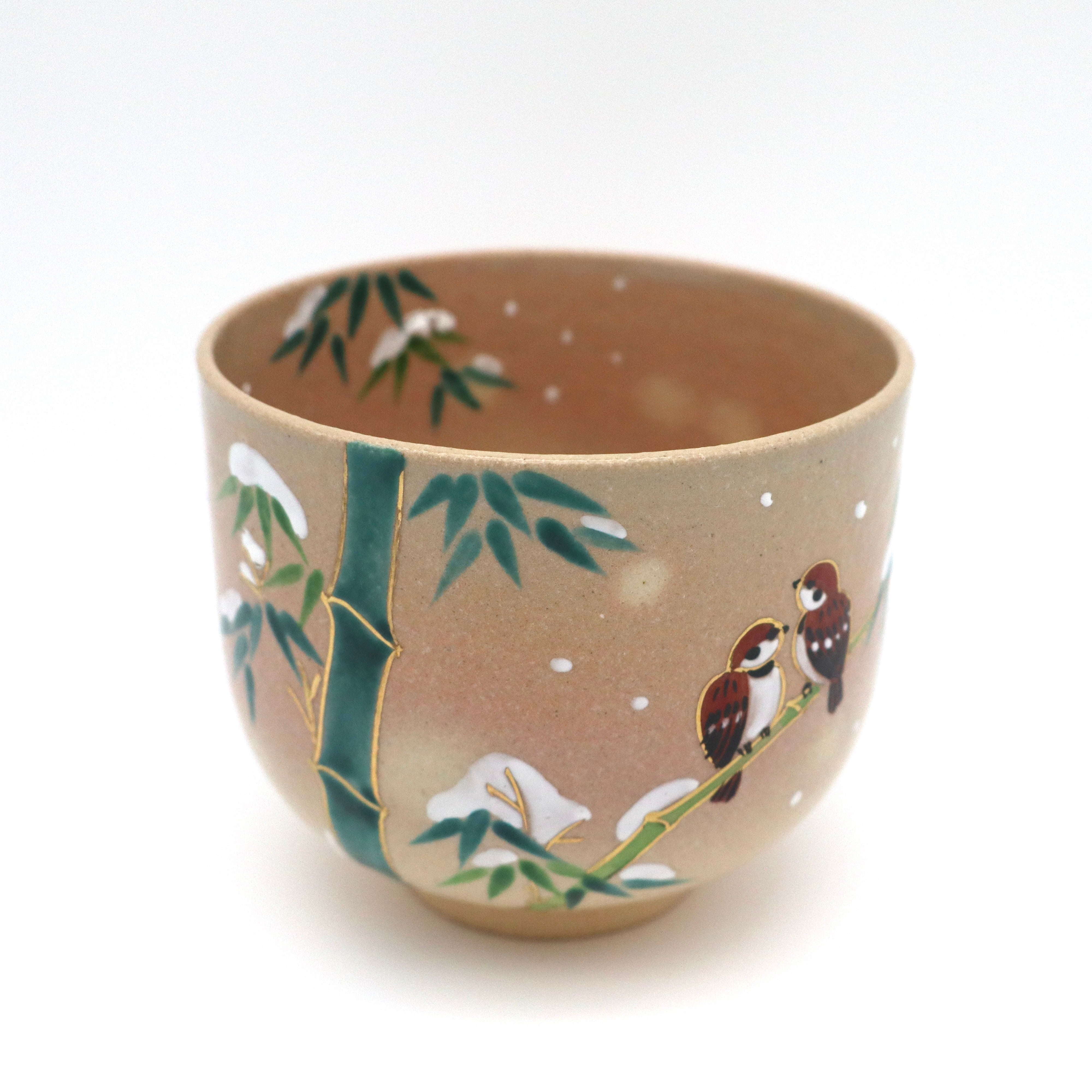 "Sparrows on Snowy Bamboo" Matcha Chawan Bowl from Kyoto, Japan