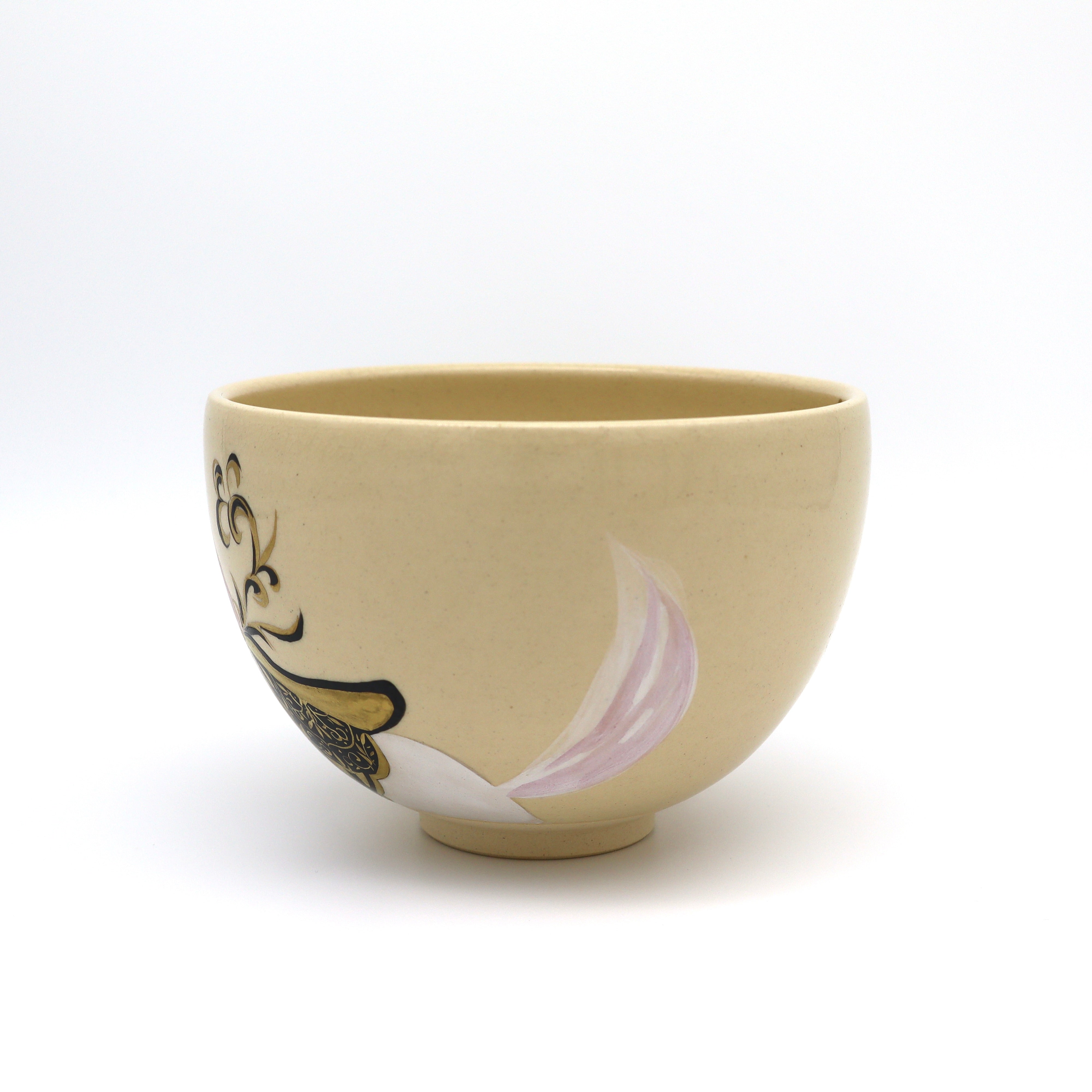 Hakuba white horse with pink mane and tail hand painting on matcha chawan, side angle