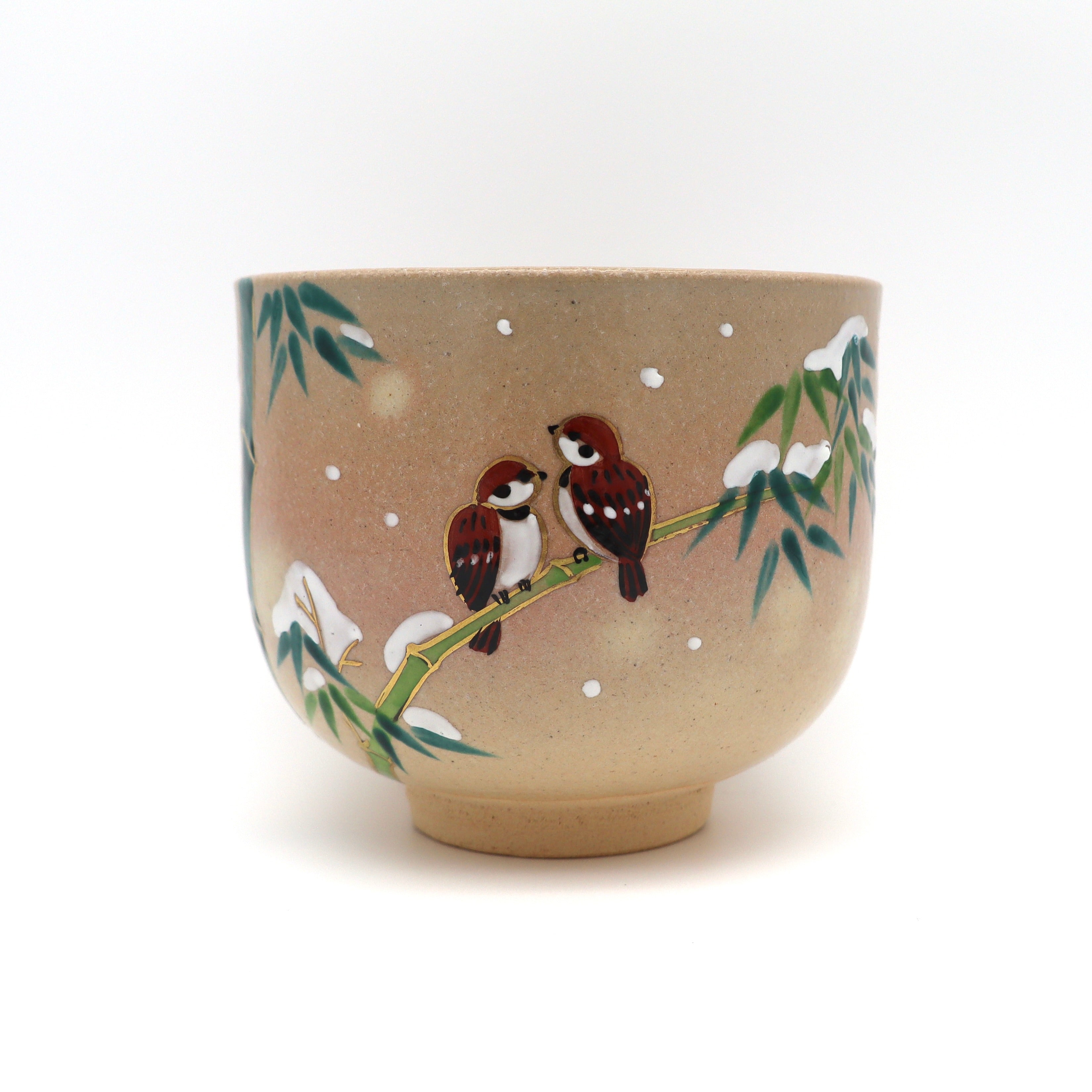 "Sparrows on Snowy Bamboo" Matcha Chawan Bowl from Kyoto, Japan