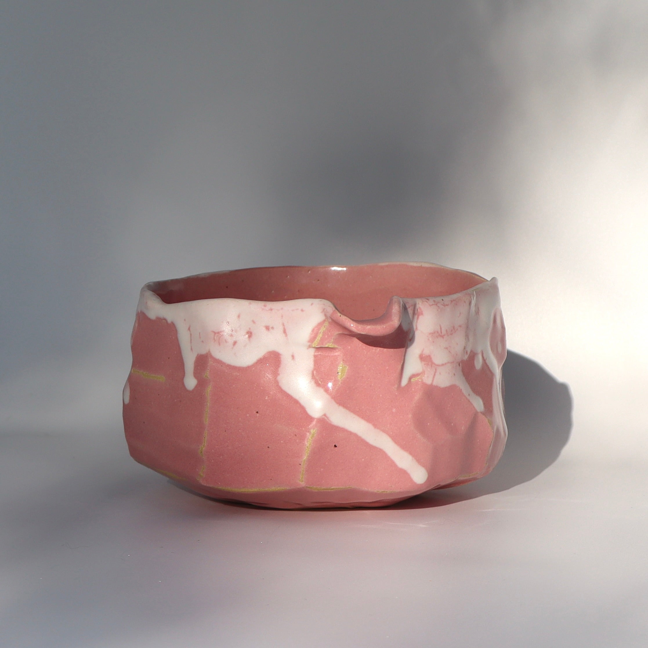 Pink kurinuki tea ceremony bowl spout detail closeup