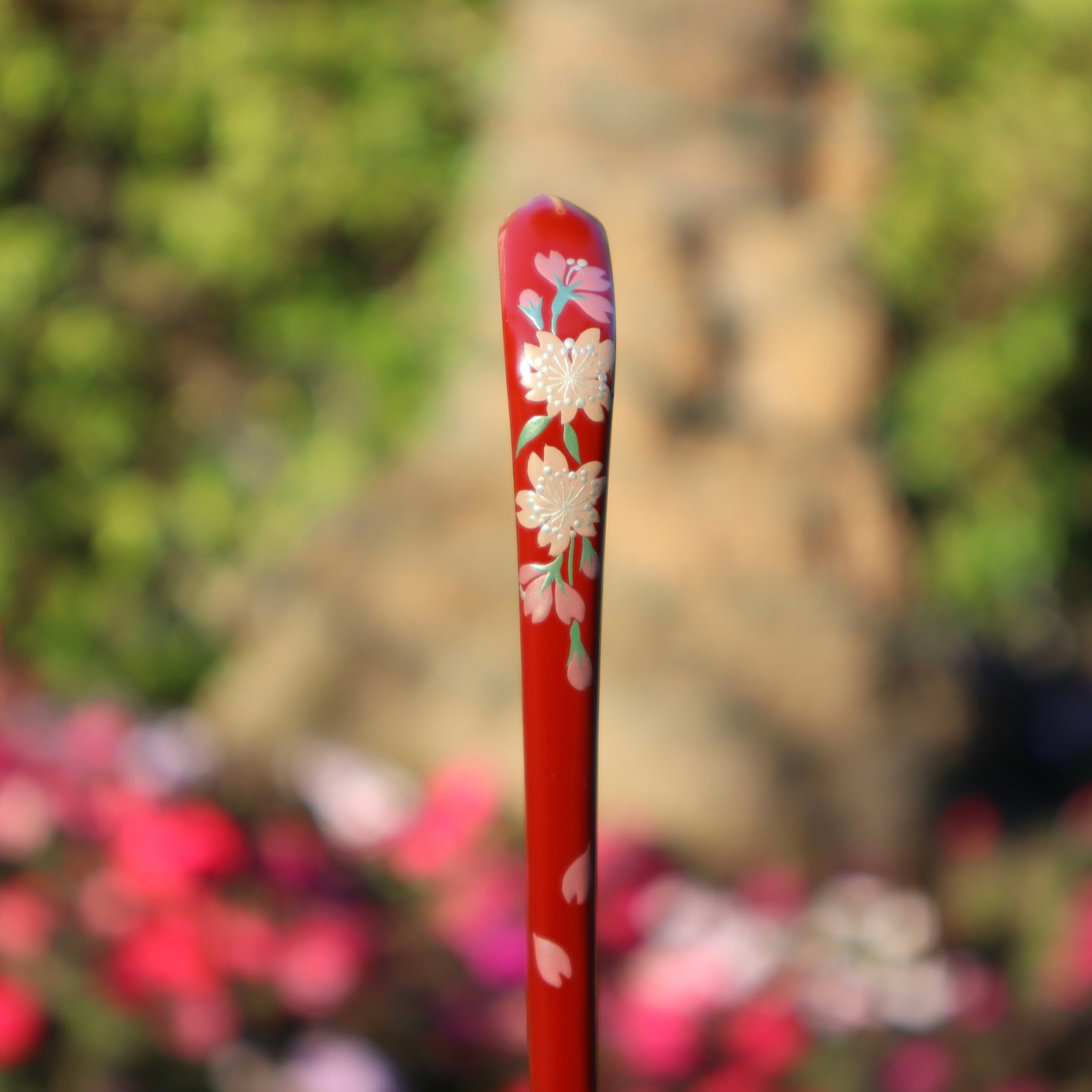 Red Sakura Maki-e matcha chashaku scoop - cherry blossom bamboo, front view