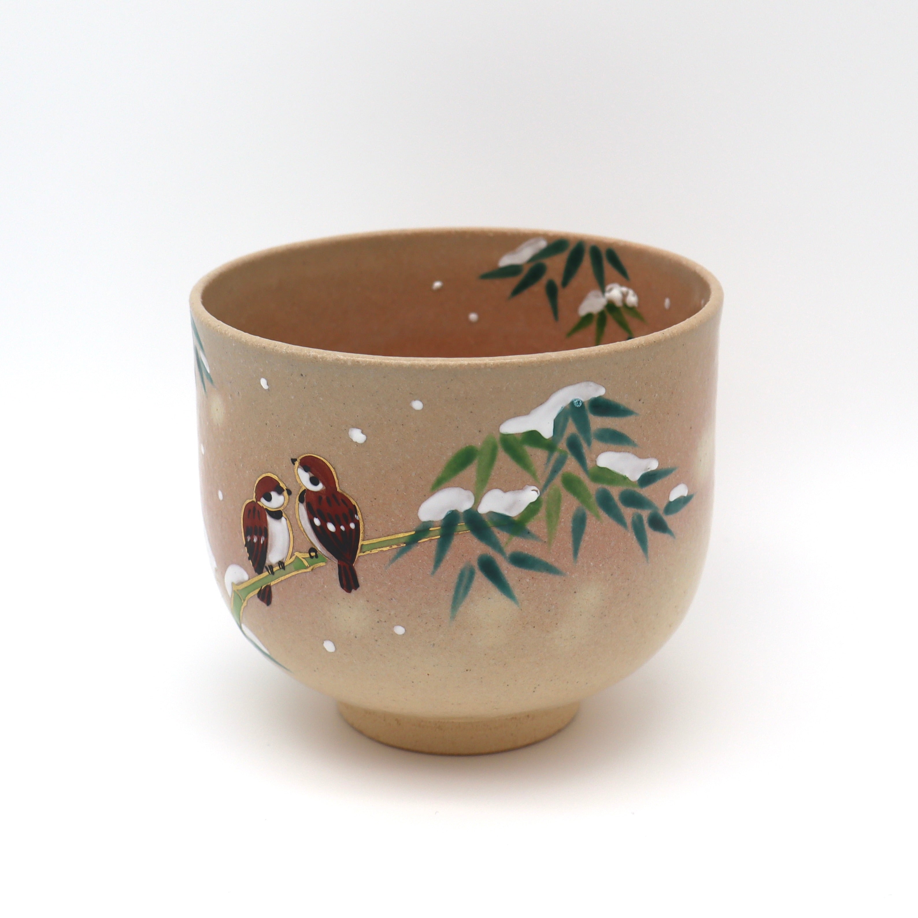 "Sparrows on Snowy Bamboo" Matcha Chawan Bowl from Kyoto, Japan
