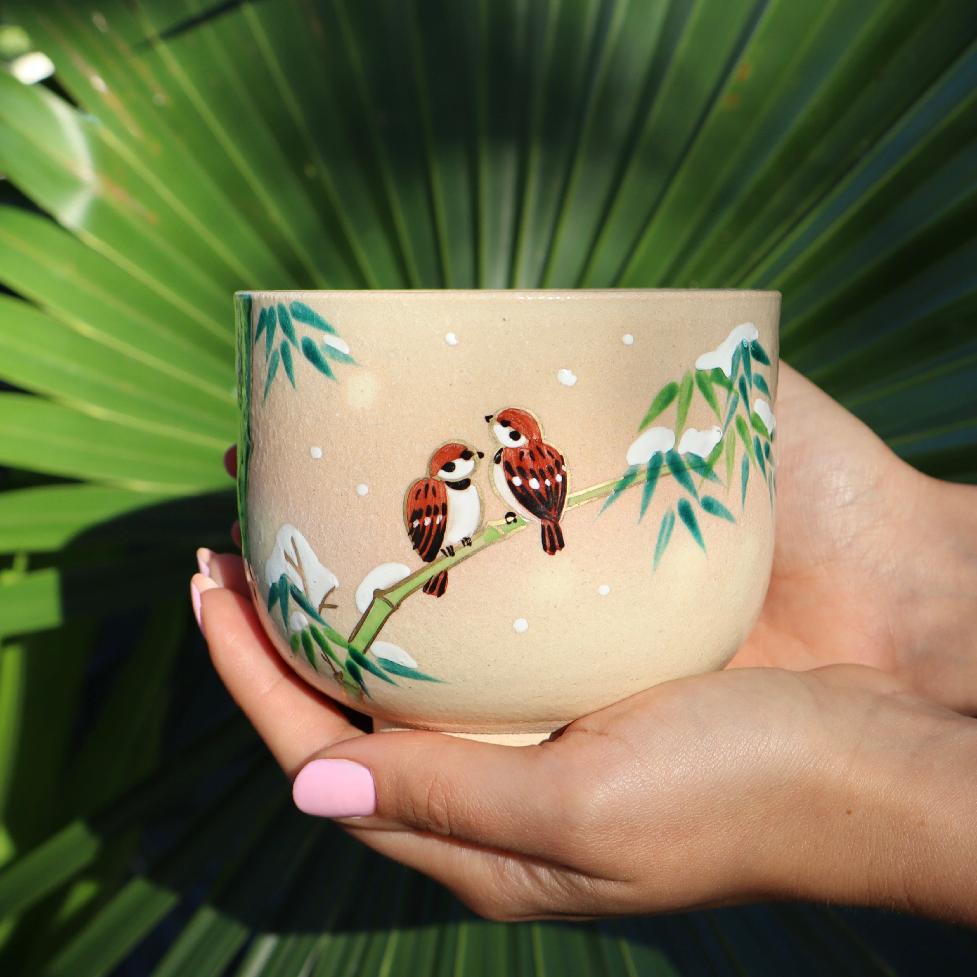 "Sparrows on Snowy Bamboo" Matcha Chawan Bowl from Kyoto, Japan